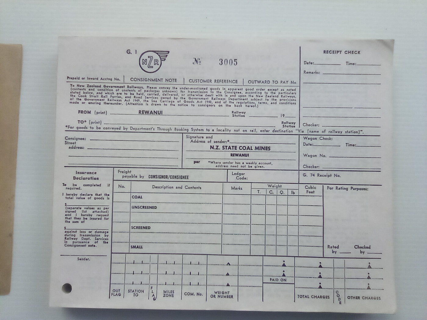 NZ Rail Rewanui (NZ State Coal Mines) Unused Consignment Notes